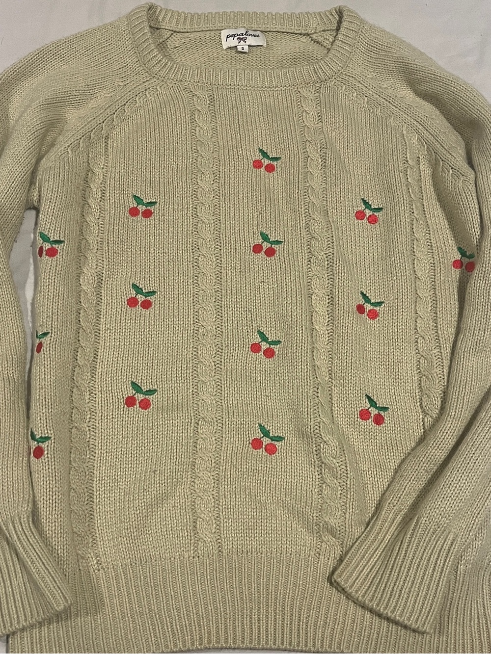 Pepaloves Cream Cherry Cable-Knit Sweater